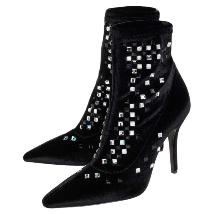 Pre Owned Giuseppe Zanotti Black Velvet Crystal Embellished Ankle Boots Size 36