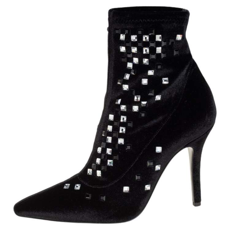 Pre Owned Giuseppe Zanotti Black Velvet Crystal Embellished Ankle Boots Size 36