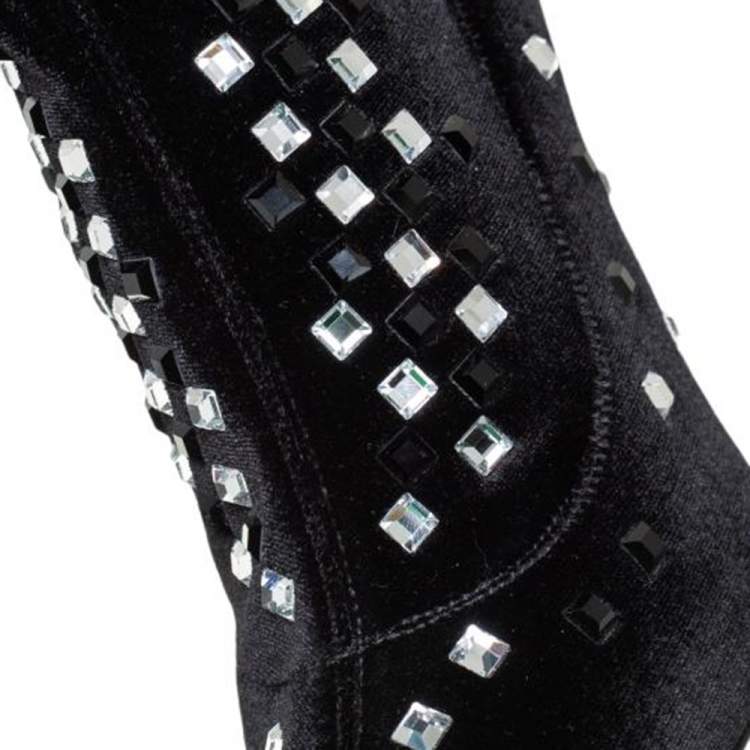 Pre Owned Giuseppe Zanotti Black Velvet Crystal Embellished Ankle Boots Size 36