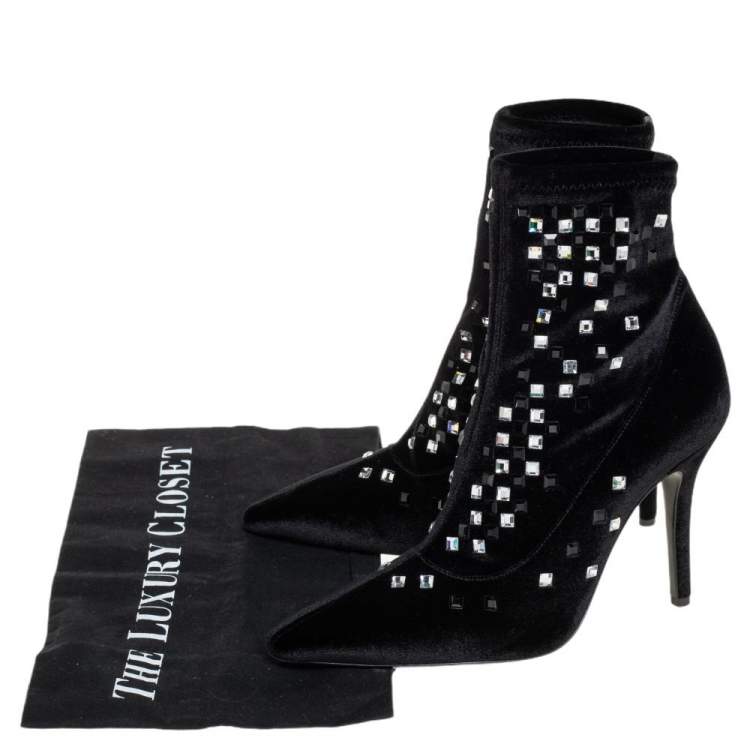 Pre Owned Giuseppe Zanotti Black Velvet Crystal Embellished Ankle Boots Size 36
