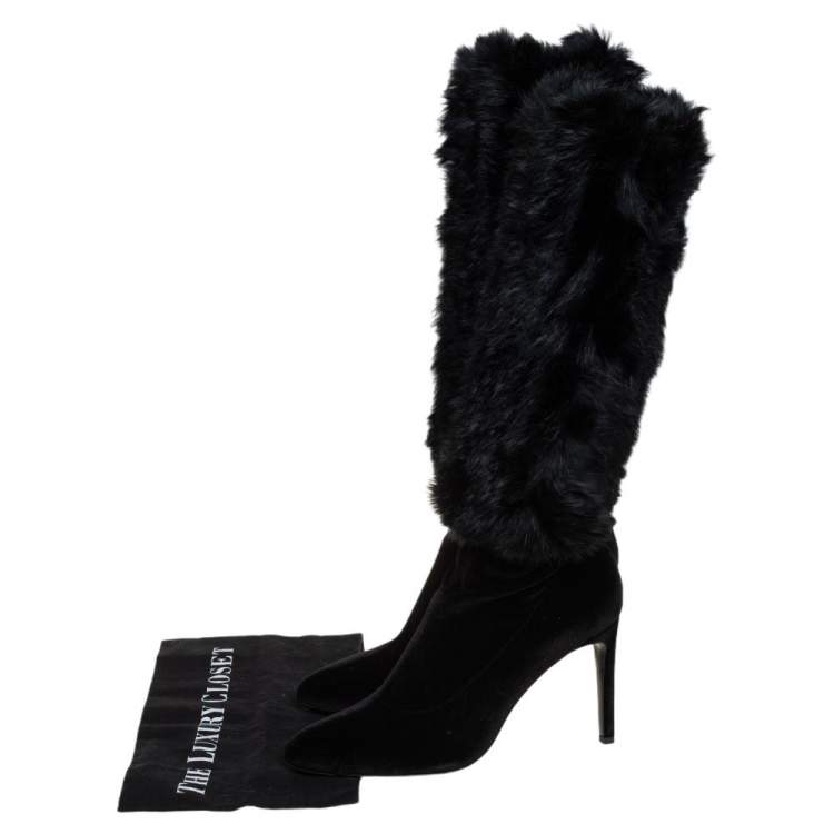 Pre Owned Giuseppe Zanotti Black Stretch Fabric And Fur Bimba Knee High Boots Size 40