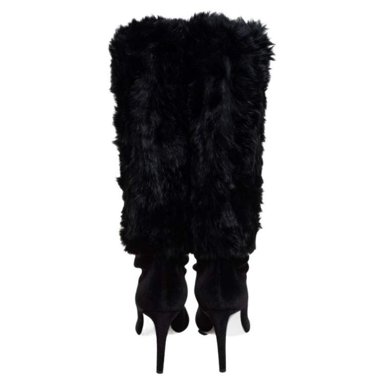 Pre Owned Giuseppe Zanotti Black Stretch Fabric And Fur Bimba Knee High Boots Size 40