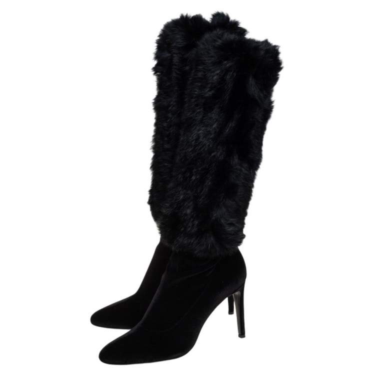 Pre Owned Giuseppe Zanotti Black Stretch Fabric And Fur Bimba Knee High Boots Size 40