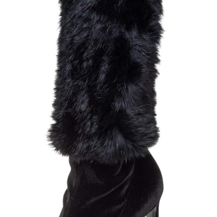 Pre Owned Giuseppe Zanotti Black Stretch Fabric And Fur Bimba Knee High Boots Size 40