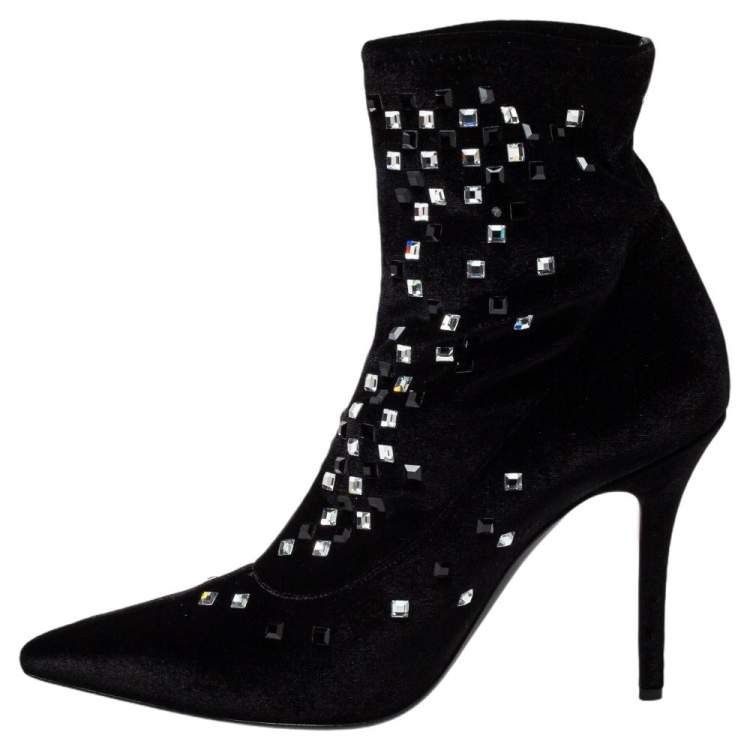 Pre Owned Giuseppe Zanotti Black Velvet Embellished Ankle Boots Size 41