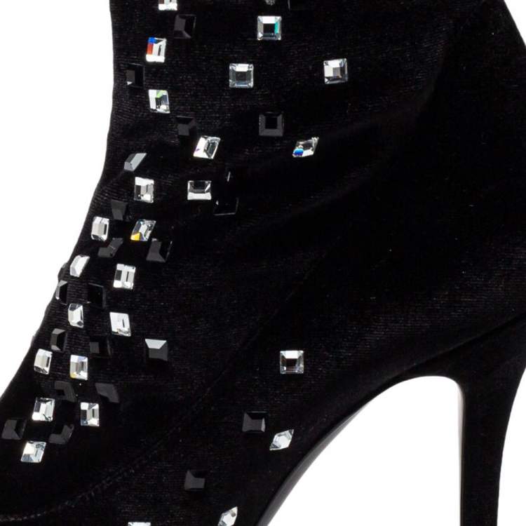 Pre Owned Giuseppe Zanotti Black Velvet Embellished Ankle Boots Size 41