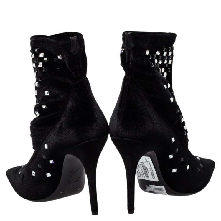 Pre Owned Giuseppe Zanotti Black Velvet Embellished Ankle Boots Size 41