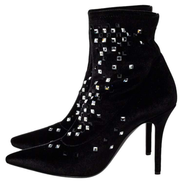 Pre Owned Giuseppe Zanotti Black Velvet Embellished Ankle Boots Size 41