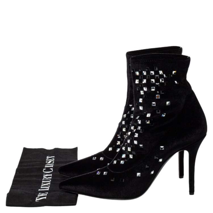 Pre Owned Giuseppe Zanotti Black Velvet Embellished Ankle Boots Size 41