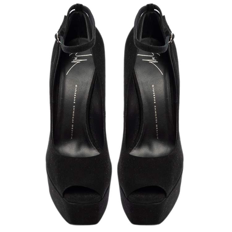 Pre Owned Giuseppe Zanotti Black Suede Peep Toe Platform Ankle Strap Pumps Size 40