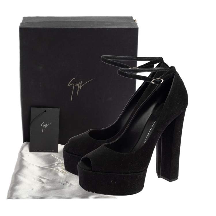 Pre Owned Giuseppe Zanotti Black Suede Peep Toe Platform Ankle Strap Pumps Size 40