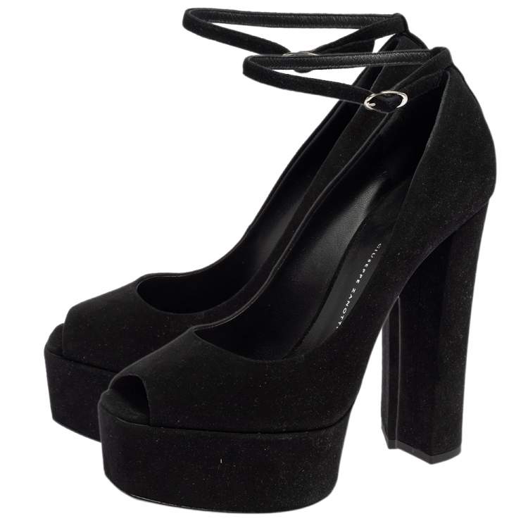 Pre Owned Giuseppe Zanotti Black Suede Peep Toe Platform Ankle Strap Pumps Size 40