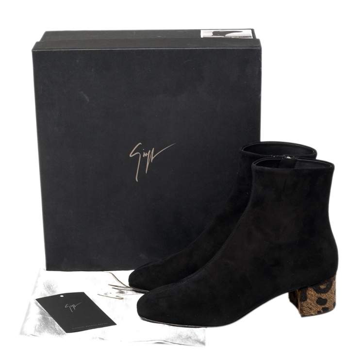 Pre Owned Giuseppe Zanotti Black Suede and Pony Hair Block Heel Ankle Boots Size 37.5