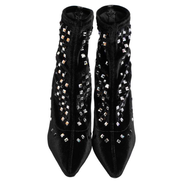 Pre Owned Giuseppe Zanotti Black Velvet Crystal Embellished Pointed Toe Ankle Boots Size 40
