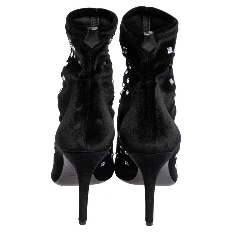 Pre Owned Giuseppe Zanotti Black Velvet Crystal Embellished Pointed Toe Ankle Boots Size 40