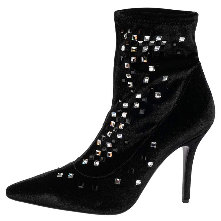 Pre Owned Giuseppe Zanotti Black Velvet Crystal Embellished Pointed Toe Ankle Boots Size 40