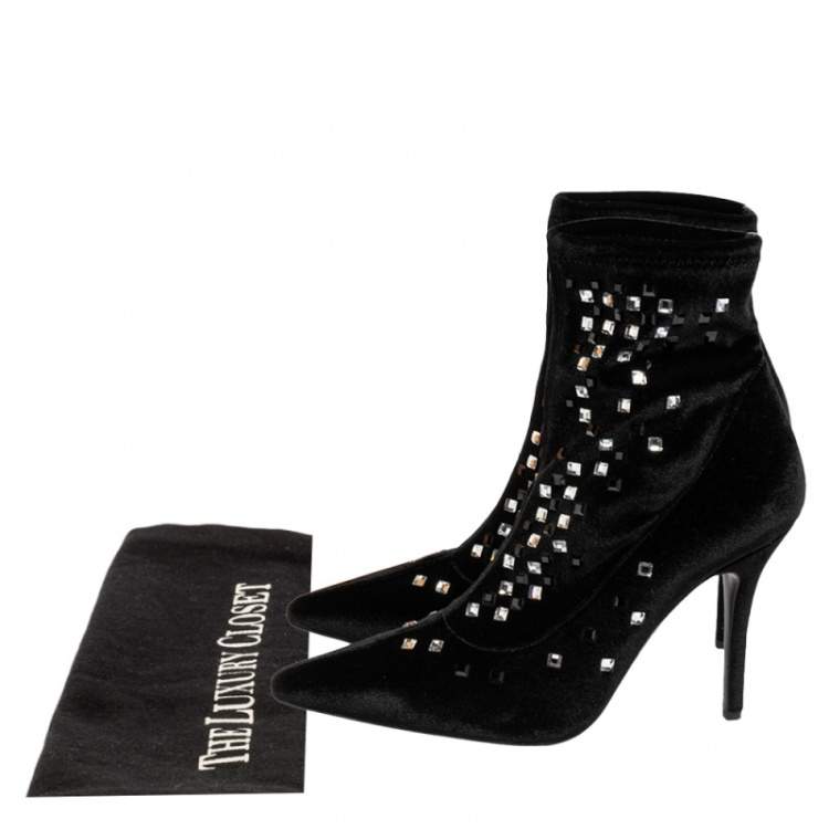 Pre Owned Giuseppe Zanotti Black Velvet Crystal Embellished Pointed Toe Ankle Boots Size 40