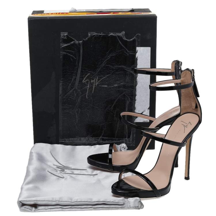 Pre Owned Giuseppe Zanotti Black Patent Leather Harmony Ankle Strap Sandals Size 37.5