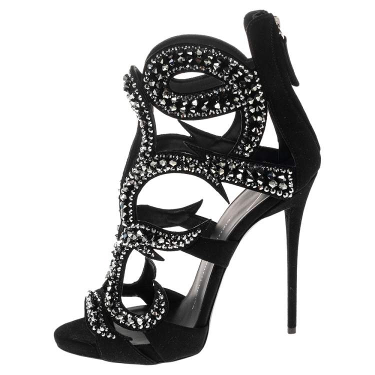 Pre Owned Giuseppe Zanotti Black Suede Crystal Embellished Sandals Size 38