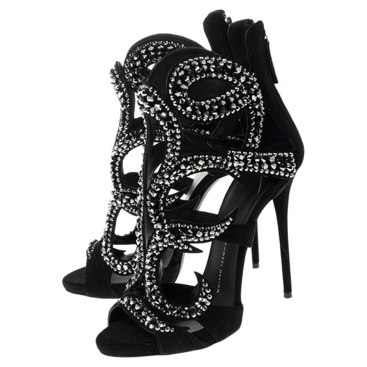 Pre Owned Giuseppe Zanotti Black Suede Crystal Embellished Sandals Size 38