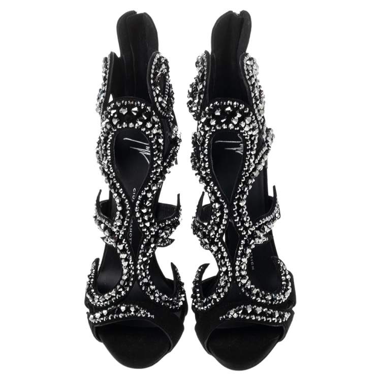 Pre Owned Giuseppe Zanotti Black Suede Crystal Embellished Sandals Size 38