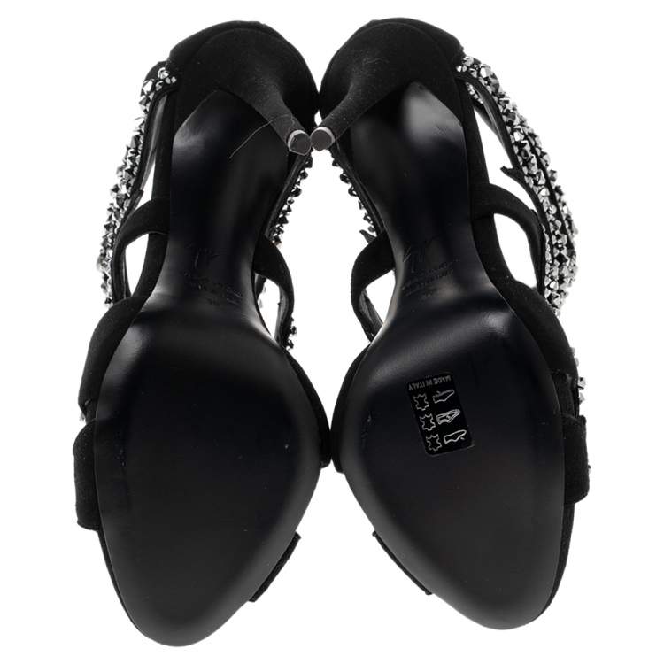 Pre Owned Giuseppe Zanotti Black Suede Crystal Embellished Sandals Size 38