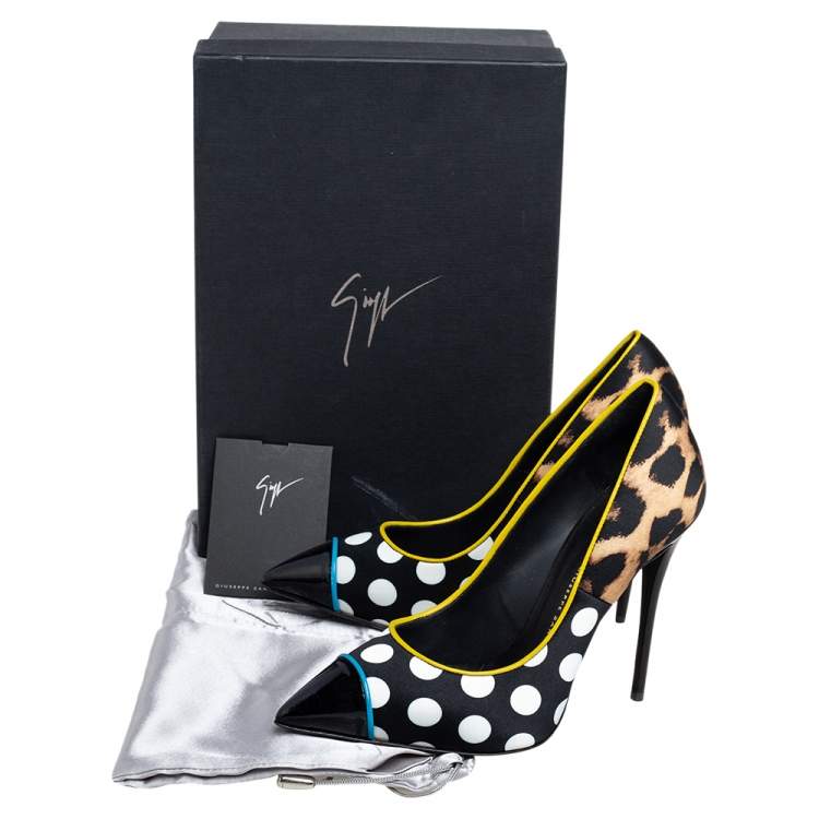 Pre Owned Giuseppe Zanotti Multicolor Leopard/Polka Dots Satin and Patent Leather Yvette Pointed Toe Pumps 37