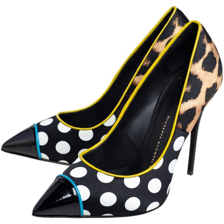 Pre Owned Giuseppe Zanotti Multicolor Leopard/Polka Dots Satin and Patent Leather Yvette Pointed Toe Pumps 37