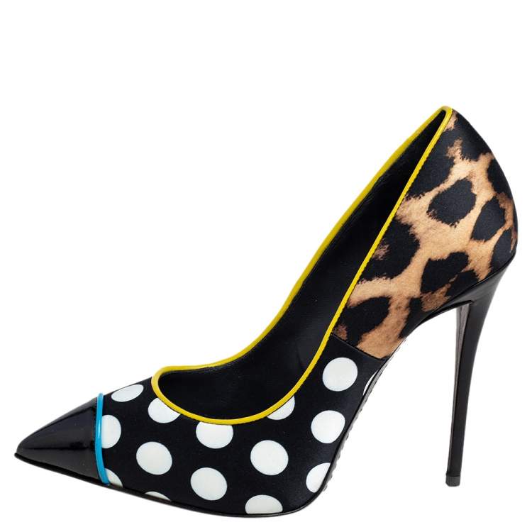 Pre Owned Giuseppe Zanotti Multicolor Leopard/Polka Dots Satin and Patent Leather Yvette Pointed Toe Pumps 37