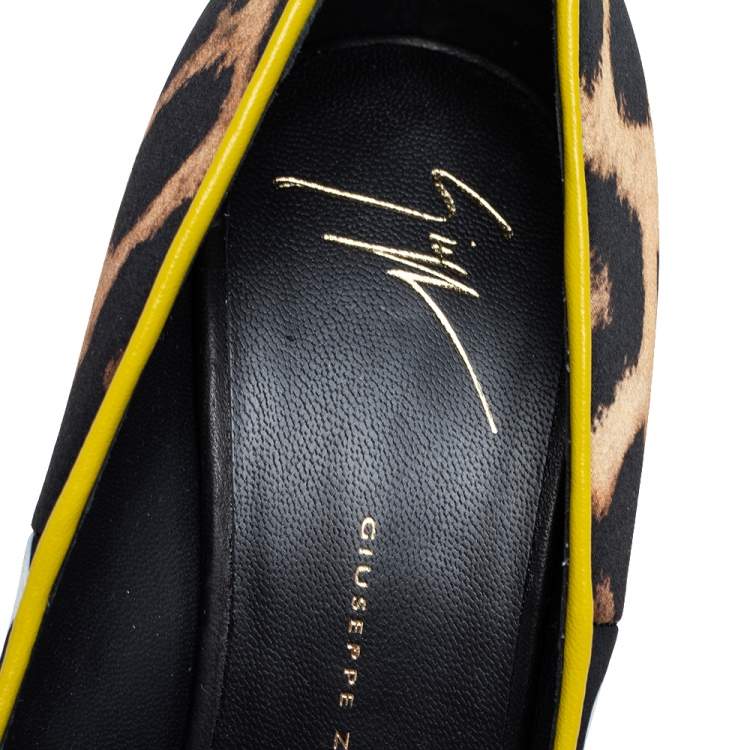 Pre Owned Giuseppe Zanotti Multicolor Leopard/Polka Dots Satin and Patent Leather Yvette Pointed Toe Pumps 37