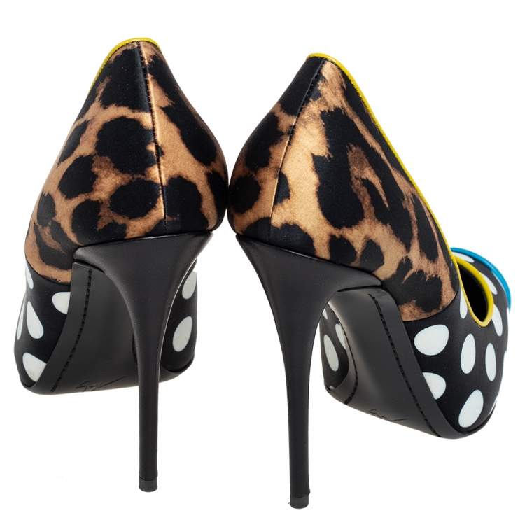 Pre Owned Giuseppe Zanotti Multicolor Leopard/Polka Dots Satin and Patent Leather Yvette Pointed Toe Pumps 37