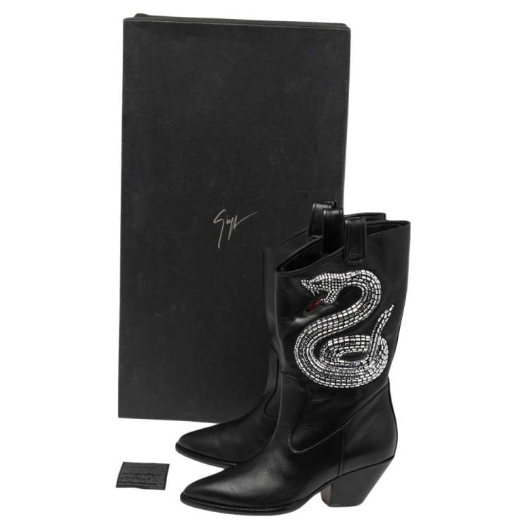 Pre Owned Giuseppe Zanotti Black Leather Snake Embellished Guns 55 Cowboy Boots Size 37