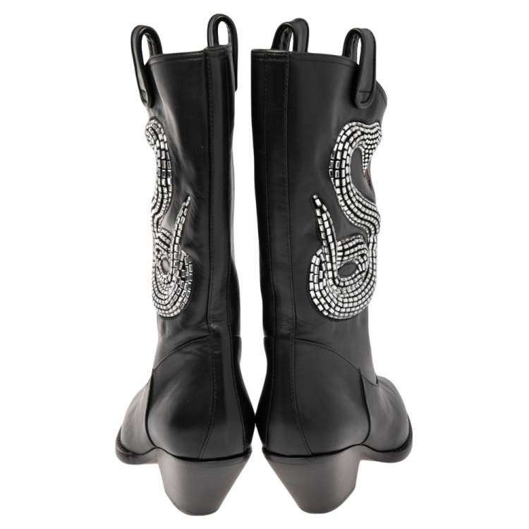 Pre Owned Giuseppe Zanotti Black Leather Snake Embellished Guns 55 Cowboy Boots Size 37