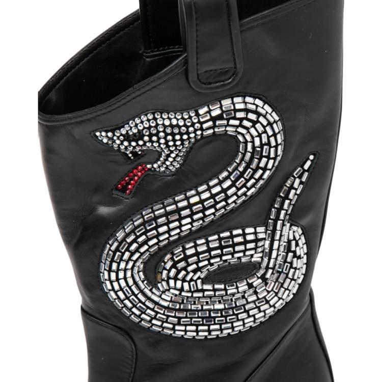 Pre Owned Giuseppe Zanotti Black Leather Snake Embellished Guns 55 Cowboy Boots Size 37