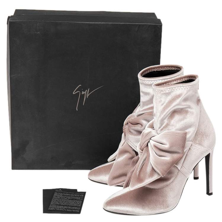 Pre Owned Giuseppe Zanotti Beige/Grey Velvet Bow Detail Ankle Boots Size 38