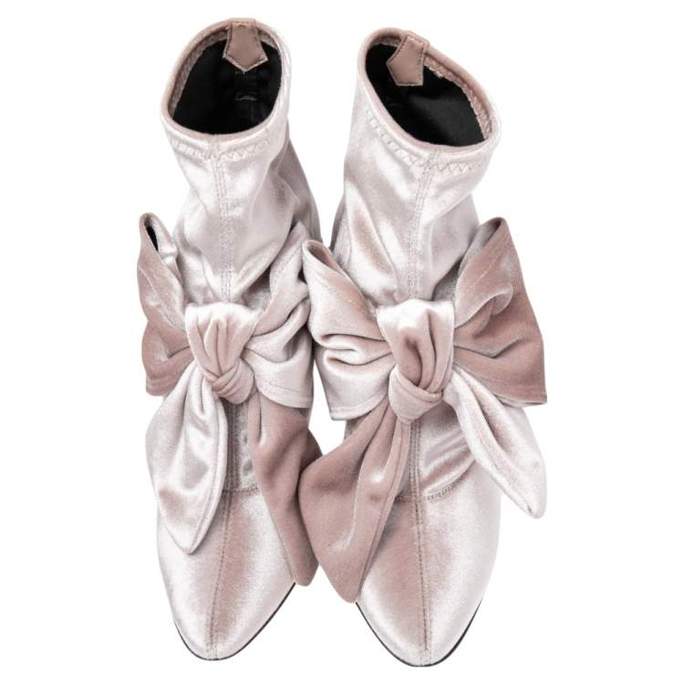 Pre Owned Giuseppe Zanotti Beige/Grey Velvet Bow Detail Ankle Boots Size 38
