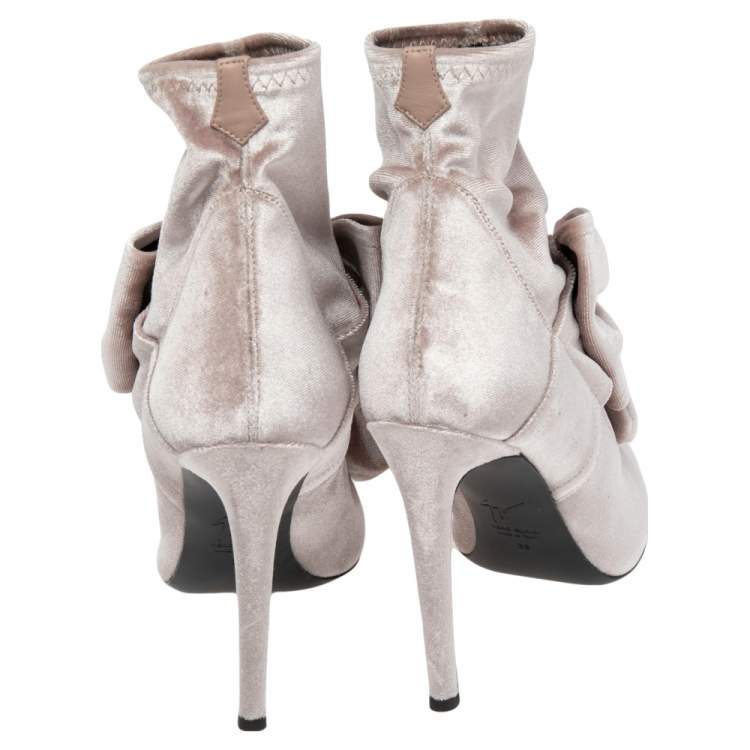 Pre Owned Giuseppe Zanotti Beige/Grey Velvet Bow Detail Ankle Boots Size 38