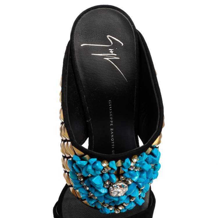 Pre Owned Giuseppe Zanotti Black Embellished Suede Coline Open Toe Sandals Size 37