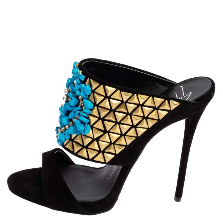 Pre Owned Giuseppe Zanotti Black Embellished Suede Coline Open Toe Sandals Size 37