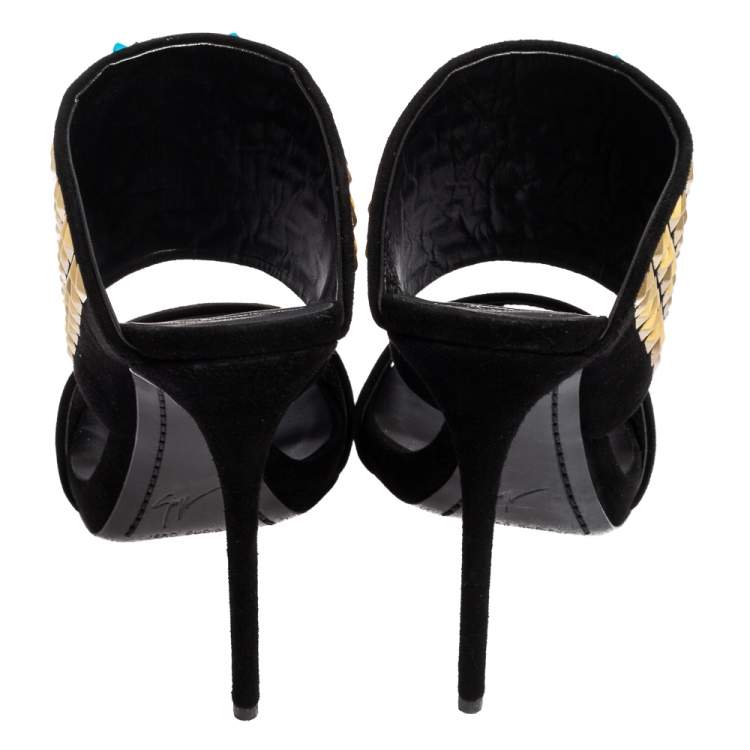 Pre Owned Giuseppe Zanotti Black Embellished Suede Coline Open Toe Sandals Size 37