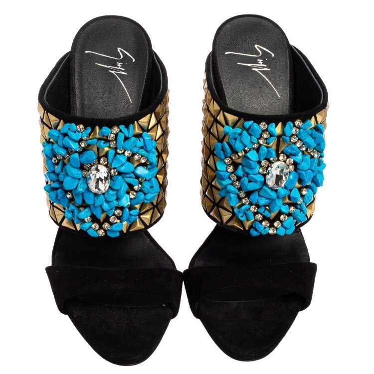 Pre Owned Giuseppe Zanotti Black Embellished Suede Coline Open Toe Sandals Size 37