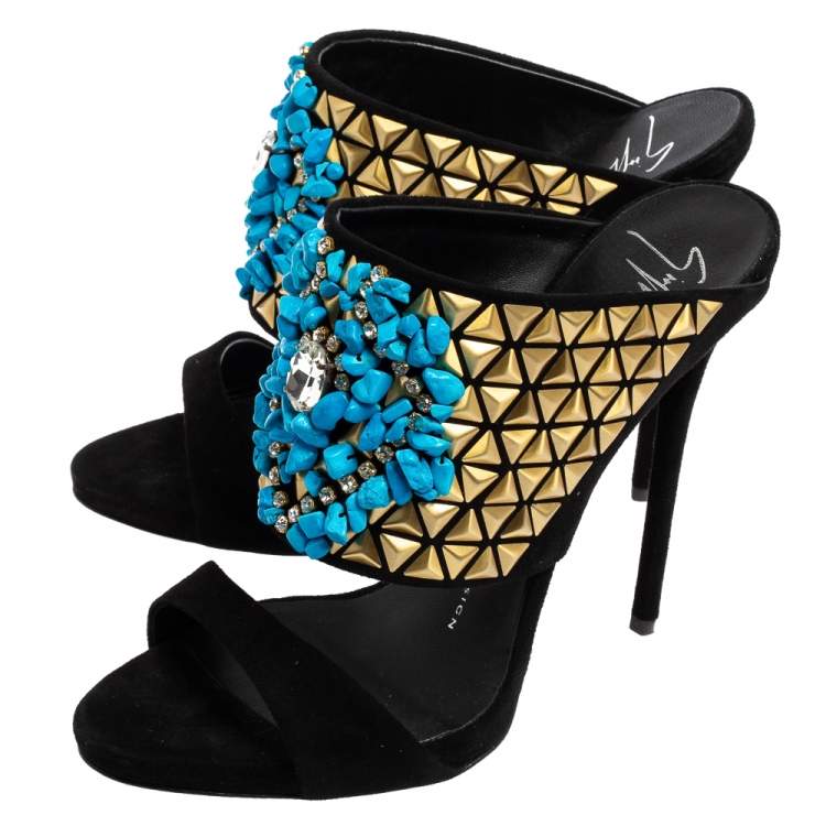 Pre Owned Giuseppe Zanotti Black Embellished Suede Coline Open Toe Sandals Size 37