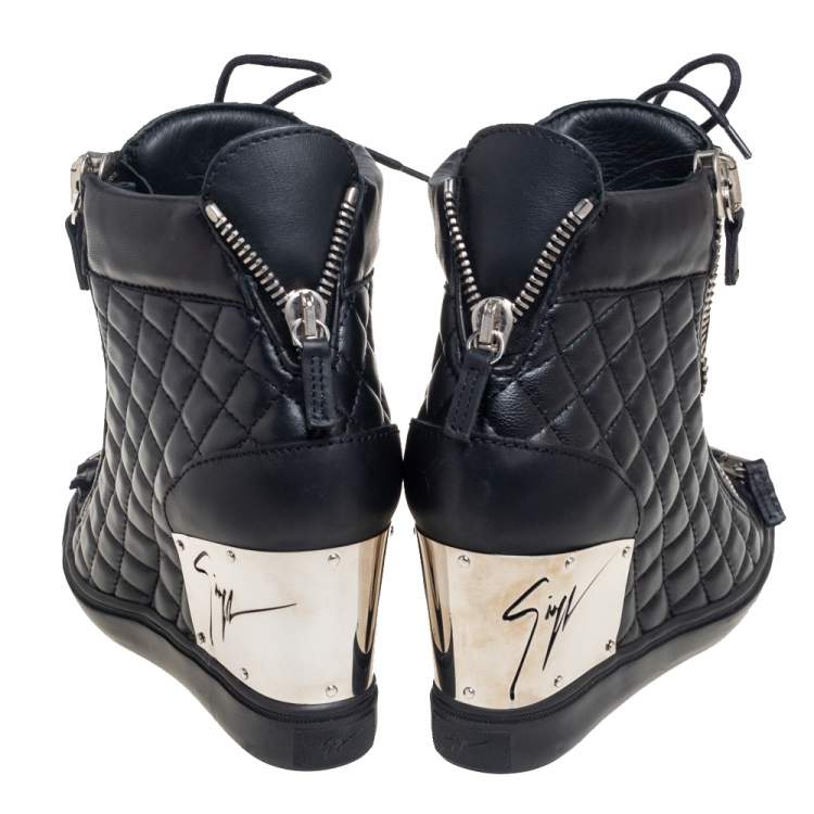 مملوكة مسبقًا Giuseppe Zanotti Black Quilted Leather Double Zip Wedge Sneakers Size 41