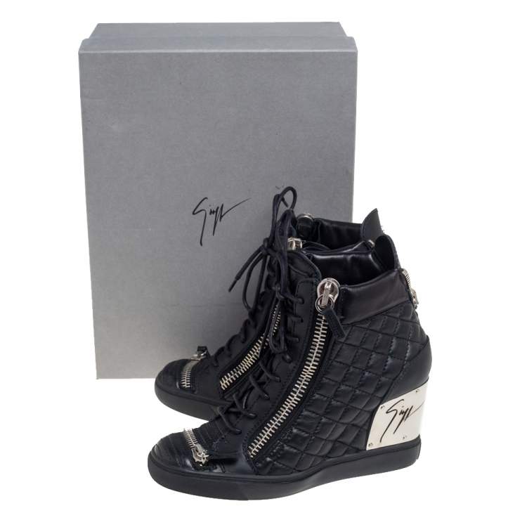 مملوكة مسبقًا Giuseppe Zanotti Black Quilted Leather Double Zip Wedge Sneakers Size 41