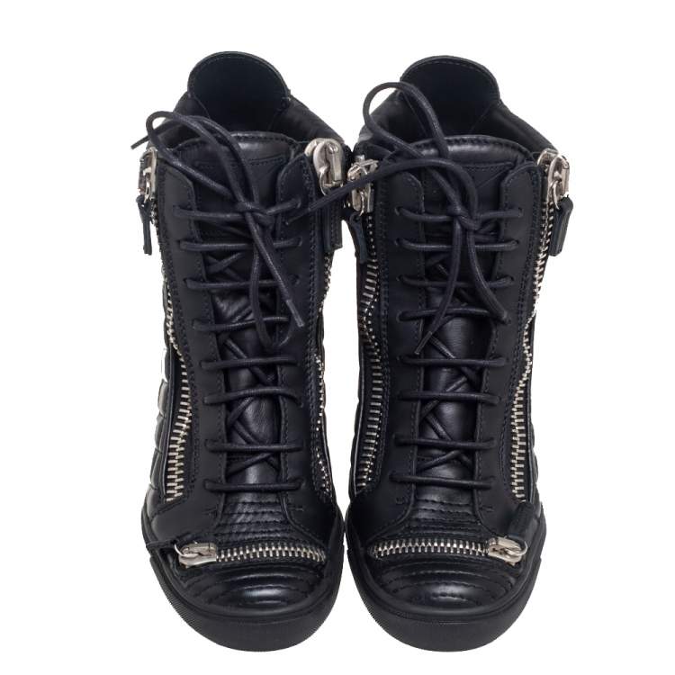 مملوكة مسبقًا Giuseppe Zanotti Black Quilted Leather Double Zip Wedge Sneakers Size 41