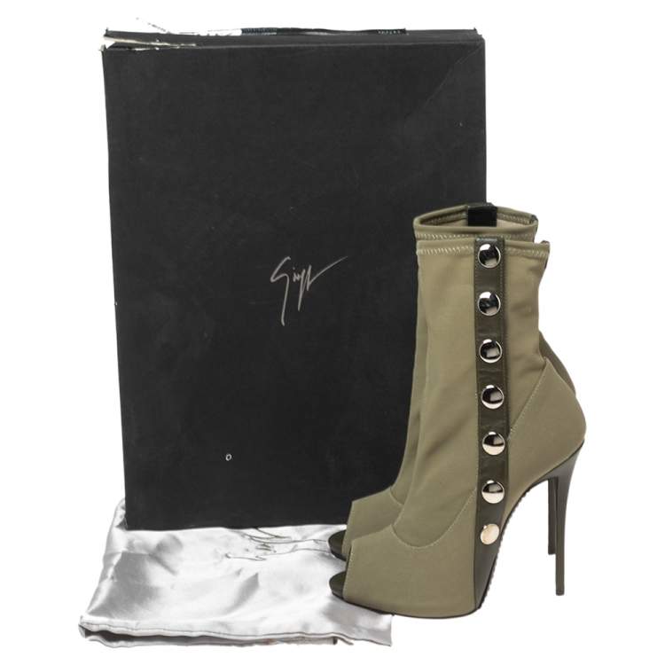 Pre Owned Giuseppe Zanotti Army Green Canvas and Studded Leather Peep-Toe Ankle Boots Size 37