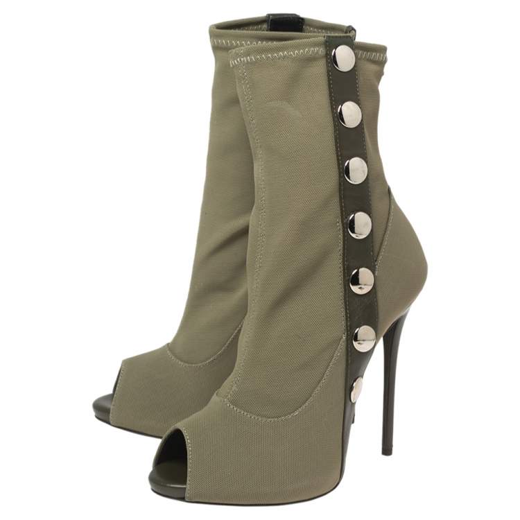 Pre Owned Giuseppe Zanotti Army Green Canvas and Studded Leather Peep-Toe Ankle Boots Size 37