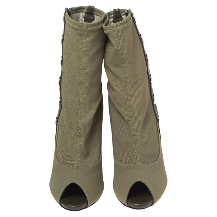 Pre Owned Giuseppe Zanotti Army Green Canvas and Studded Leather Peep-Toe Ankle Boots Size 37