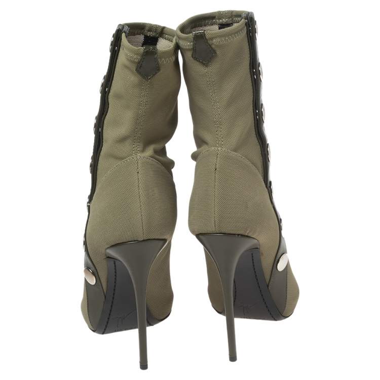 Pre Owned Giuseppe Zanotti Army Green Canvas and Studded Leather Peep-Toe Ankle Boots Size 37