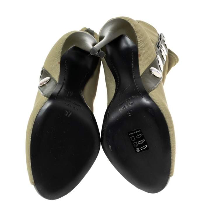 Pre Owned Giuseppe Zanotti Army Green Canvas and Studded Leather Peep-Toe Ankle Boots Size 37